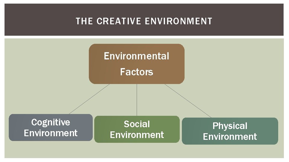 THE CREATIVE ENVIRONMENT Environmental Factors Cognitive Environment Social Environment Physical Environment THE CREATIVE ENVIRONMENT Environmental Factors Cognitive Environment Social Environment Physical Environment