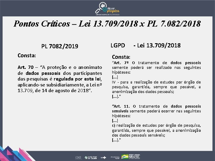 Pontos Críticos – Lei 13. 709/2018 x PL 7. 082/2018 PL 7082/2019 Consta: Art.