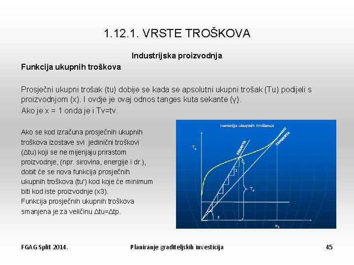 1. 12. 1. VRSTE TROŠKOVA Industrijska proizvodnja Funkcija ukupnih troškova Prosječni ukupni trošak (tu)