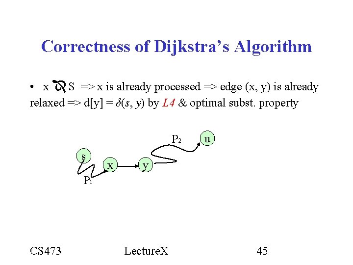 Correctness of Dijkstra’s Algorithm • x S => x is already processed => edge Correctness of Dijkstra’s Algorithm • x S => x is already processed => edge