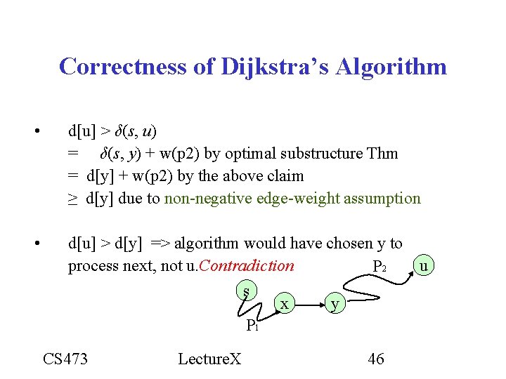 Correctness of Dijkstra’s Algorithm • d[u] > δ(s, u) = δ(s, y) + w(p