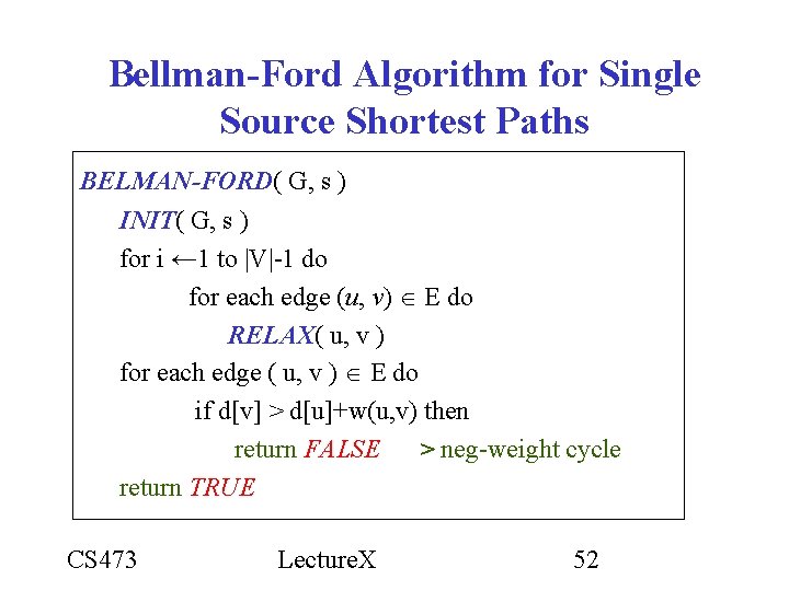 Bellman-Ford Algorithm for Single Source Shortest Paths BELMAN-FORD( G, s ) INIT( G, s Bellman-Ford Algorithm for Single Source Shortest Paths BELMAN-FORD( G, s ) INIT( G, s