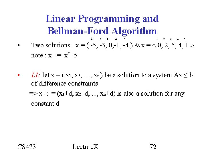 Linear Programming and Bellman-Ford Algorithm 1 2 3 4 5 • Two solutions : Linear Programming and Bellman-Ford Algorithm 1 2 3 4 5 • Two solutions :