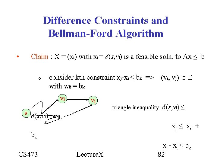 Difference Constraints and Bellman-Ford Algorithm • Claim : X = (xi) with xi = Difference Constraints and Bellman-Ford Algorithm • Claim : X = (xi) with xi =