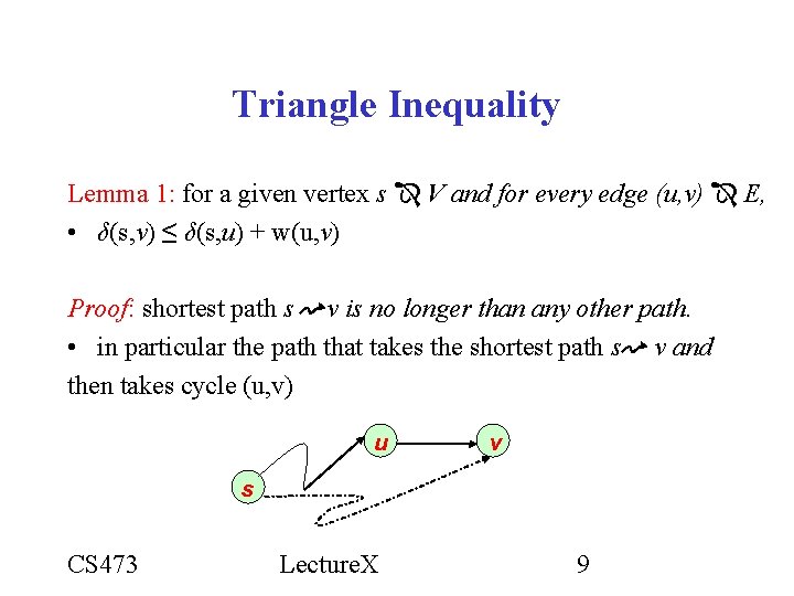 Triangle Inequality Lemma 1: for a given vertex s V and for every edge Triangle Inequality Lemma 1: for a given vertex s V and for every edge