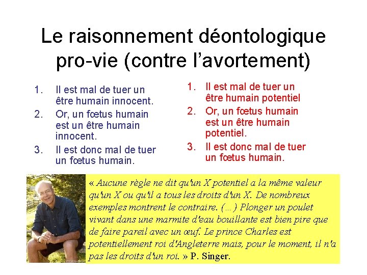 Le raisonnement déontologique pro-vie (contre l’avortement) 1. 2. 3. Il est mal de tuer