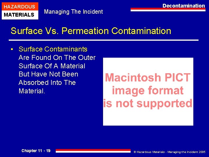 HAZARDOUS MATERIALS Managing The Incident Decontamination Surface Vs. Permeation Contamination • Surface Contaminants Are