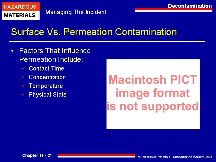 HAZARDOUS MATERIALS Managing The Incident Decontamination Surface Vs. Permeation Contamination • Factors That Influence