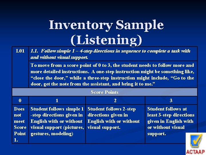 Inventory Sample (Listening) L 01 1. 1. Follow simple 1 – 4 -step directions