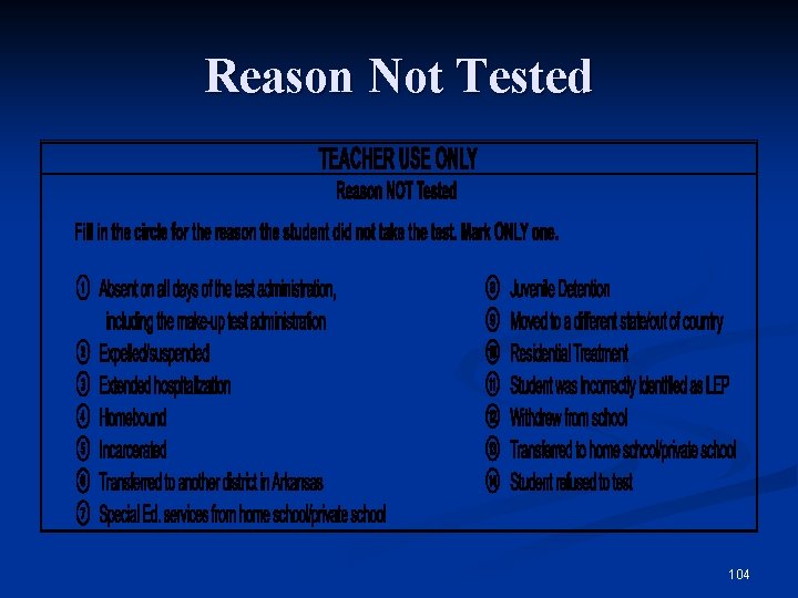 Reason Not Tested 104 