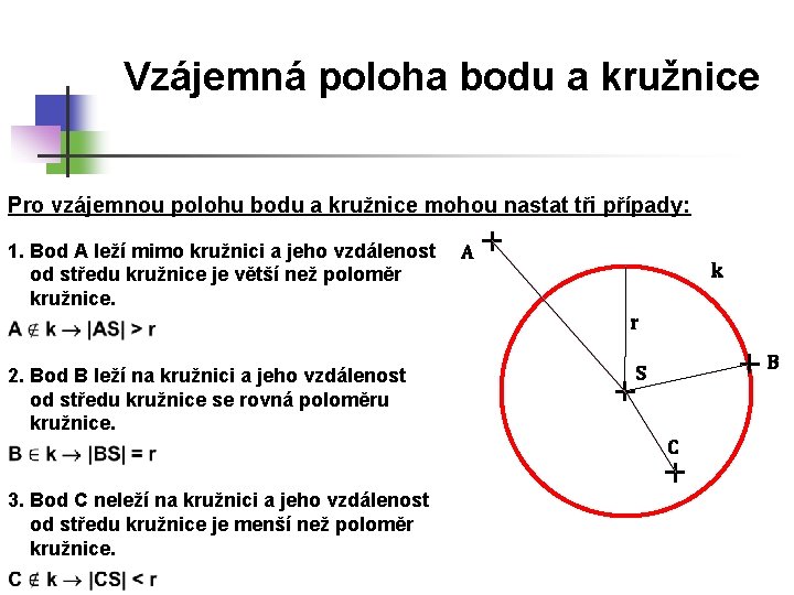 Vzájemná poloha bodu a kružnice Pro vzájemnou polohu bodu a kružnice mohou nastat tři