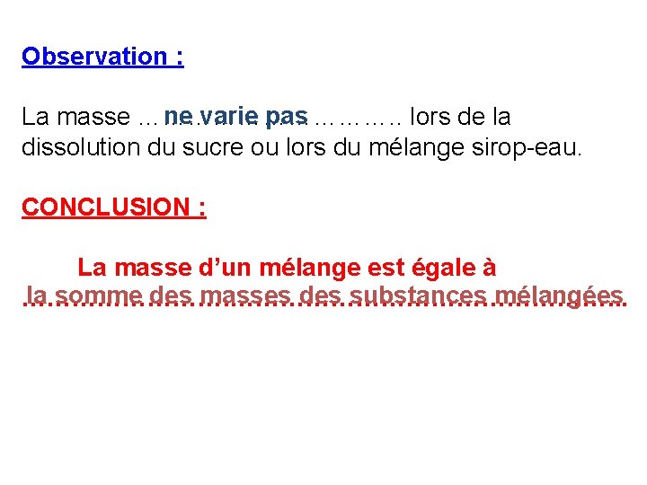 Observation : ne varie pas La masse ……………. . lors de la dissolution du