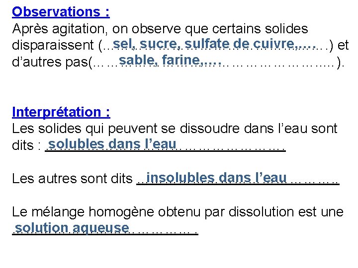 Observations : Après agitation, on observe que certains solides sel, sucre, sulfate de cuivre,