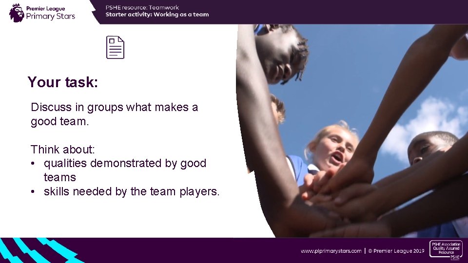 Your task: Discuss in groups what makes a good team. Think about: • qualities Your task: Discuss in groups what makes a good team. Think about: • qualities