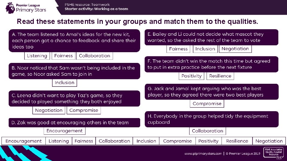 Read these statements in your groups and match them to the qualities. Read these statements in your groups and match them to the qualities.