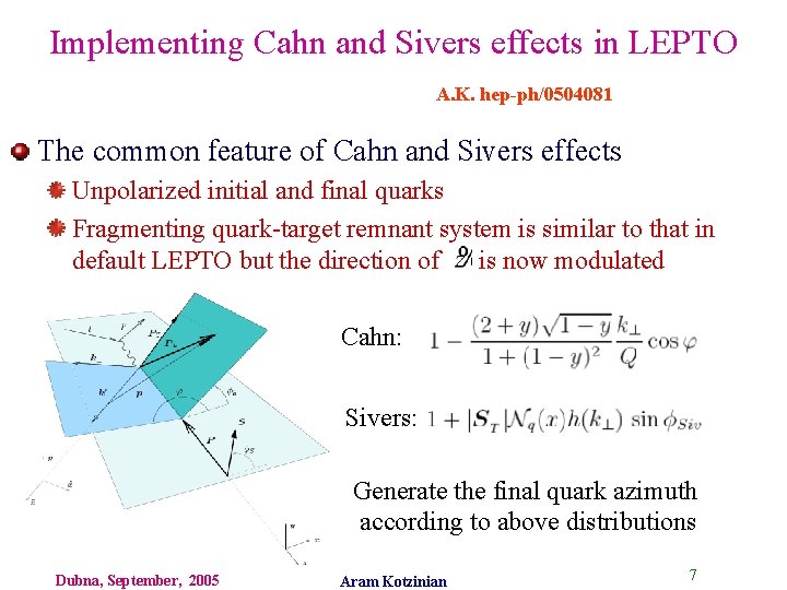 Implementing Cahn and Sivers effects in LEPTO A. K. hep-ph/0504081 The common feature of