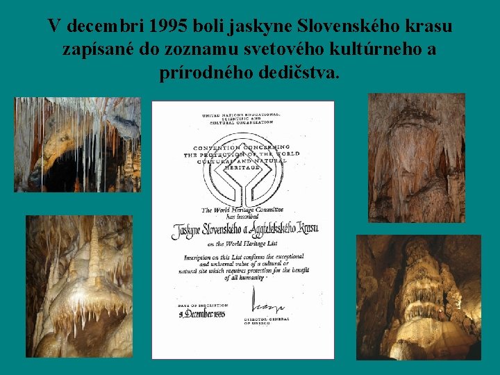 V decembri 1995 boli jaskyne Slovenského krasu zapísané do zoznamu svetového kultúrneho a prírodného