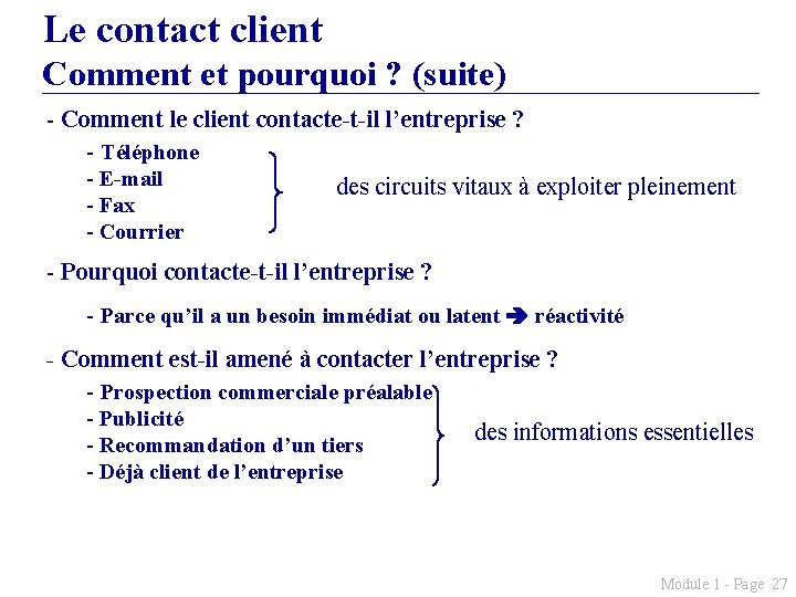 Le contact client Comment et pourquoi ? (suite) - Comment le client contacte-t-il l’entreprise