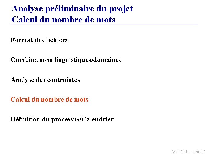 Analyse préliminaire du projet Calcul du nombre de mots Format des fichiers Combinaisons linguistiques/domaines