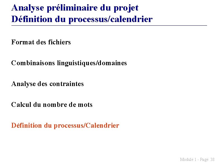 Analyse préliminaire du projet Définition du processus/calendrier Format des fichiers Combinaisons linguistiques/domaines Analyse des