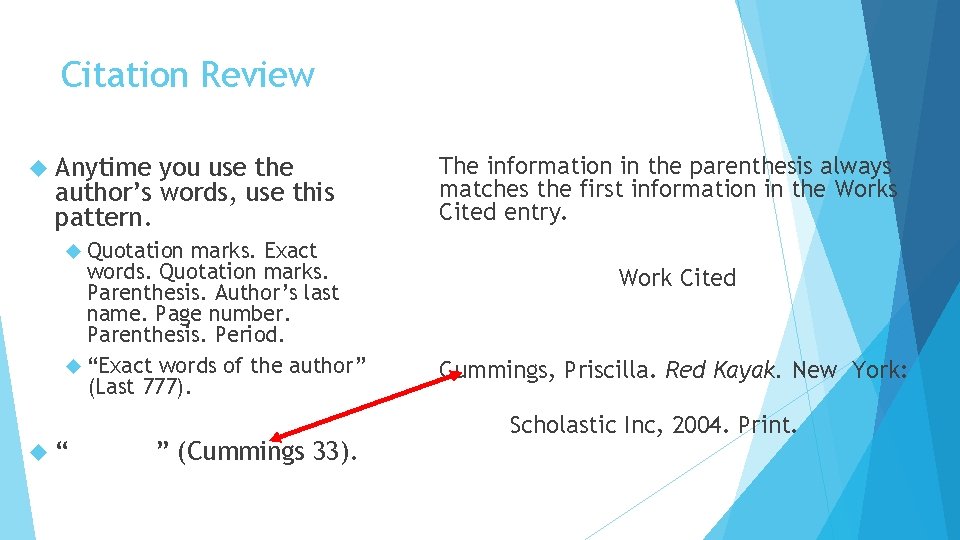 Citation Review Anytime you use the author’s words, use this pattern. marks. Exact words.