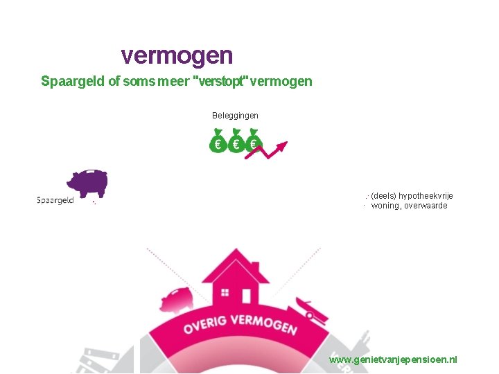 vermogen Spaargeld of soms meer "verstopt" vermogen Beleggingen . ·(deels) hypotheekvrije · woning, overwaarde