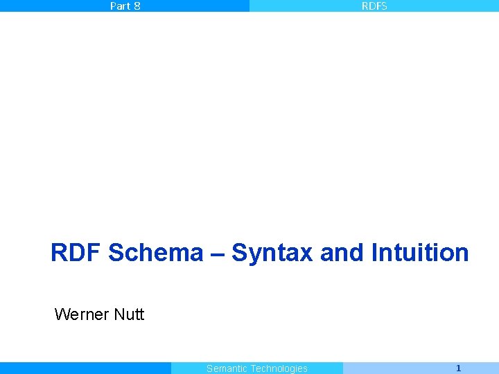 Part 8 RDFS RDF Schema – Syntax and Intuition Werner Nutt Master Informatique Semantic