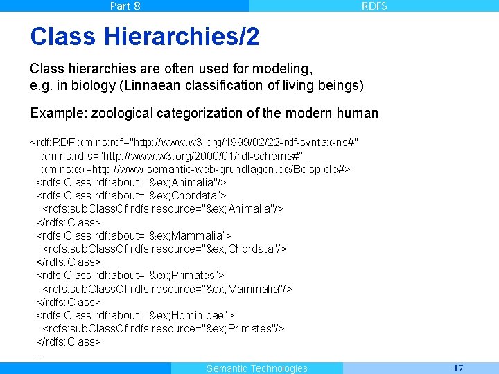 Part 8 RDFS Class Hierarchies/2 Class hierarchies are often used for modeling, e. g.