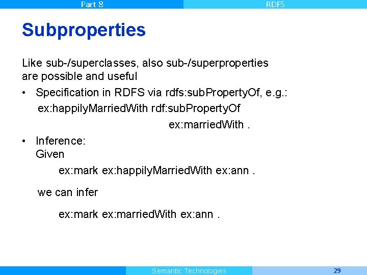 Part 8 RDFS Subproperties Like sub-/superclasses, also sub-/superproperties are possible and useful • Specification