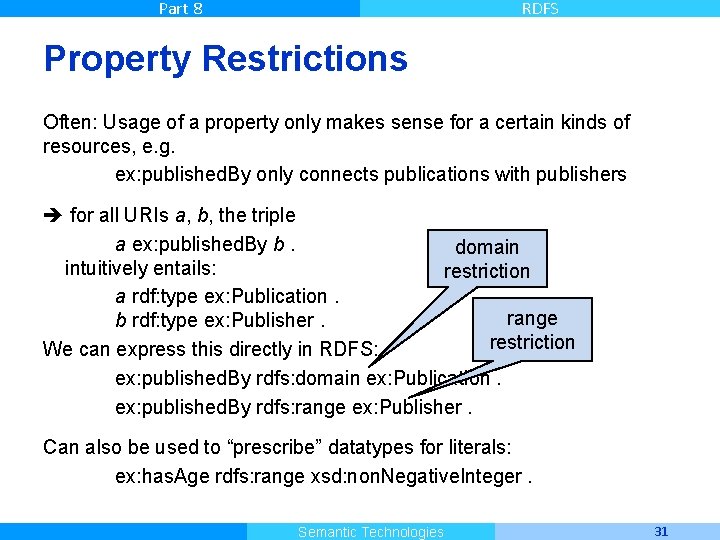 Part 8 RDFS Property Restrictions Often: Usage of a property only makes sense for