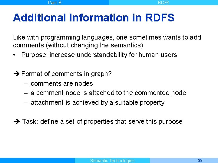 Part 8 RDFS Additional Information in RDFS Like with programming languages, one sometimes wants