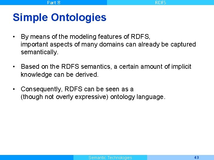 Part 8 RDFS Simple Ontologies • By means of the modeling features of RDFS,