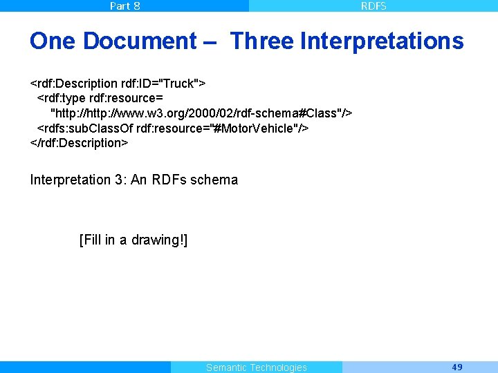 Part 8 RDFS One Document – Three Interpretations <rdf: Description rdf: ID="Truck"> <rdf: type