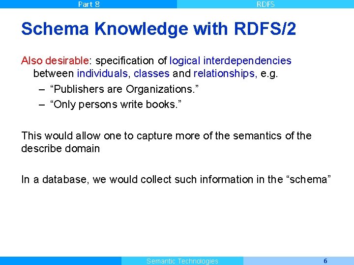 Part 8 RDFS Schema Knowledge with RDFS/2 Also desirable: specification of logical interdependencies between