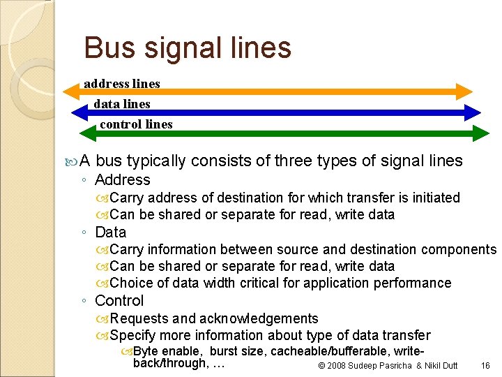 Bus signal lines address lines data lines control lines A bus typically consists of