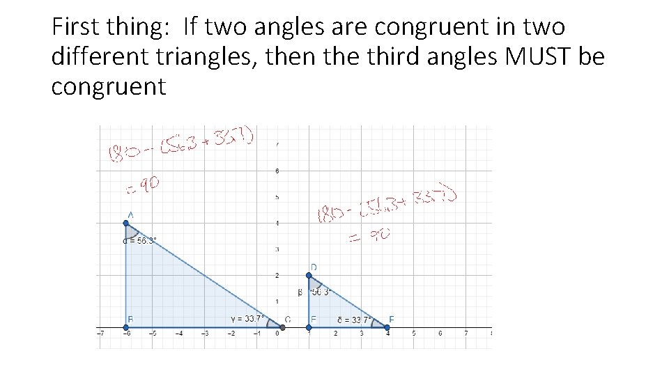 First thing: If two angles are congruent in two different triangles, then the third