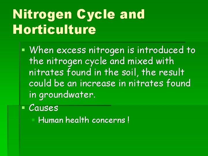 Nitrogen Cycle and Horticulture § When excess nitrogen is introduced to the nitrogen cycle