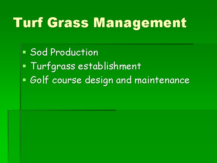 Turf Grass Management § § § Sod Production Turfgrass establishment Golf course design and