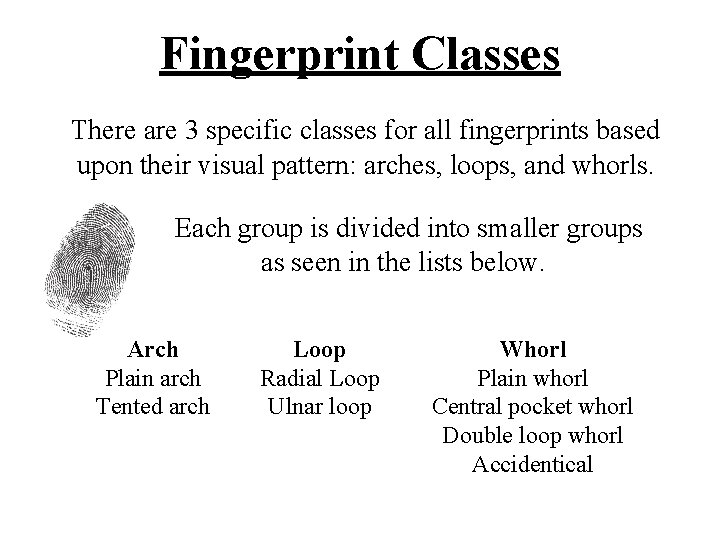 Fingerprint Classes There are 3 specific classes for all fingerprints based upon their visual Fingerprint Classes There are 3 specific classes for all fingerprints based upon their visual