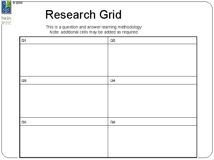 © 2008 Research Grid This is a question and answer learning methodology Note: additional