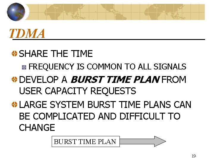 TDMA SHARE THE TIME FREQUENCY IS COMMON TO ALL SIGNALS DEVELOP A BURST TIME