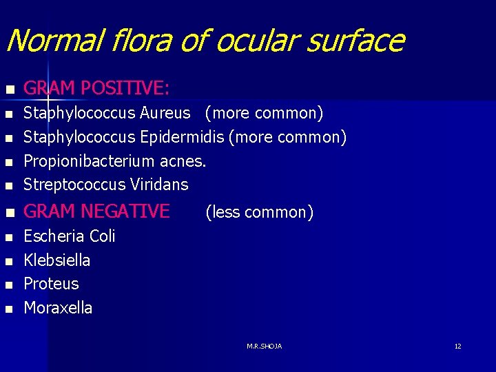 Normal flora of ocular surface n GRAM POSITIVE: n Staphylococcus Aureus (more common) Staphylococcus