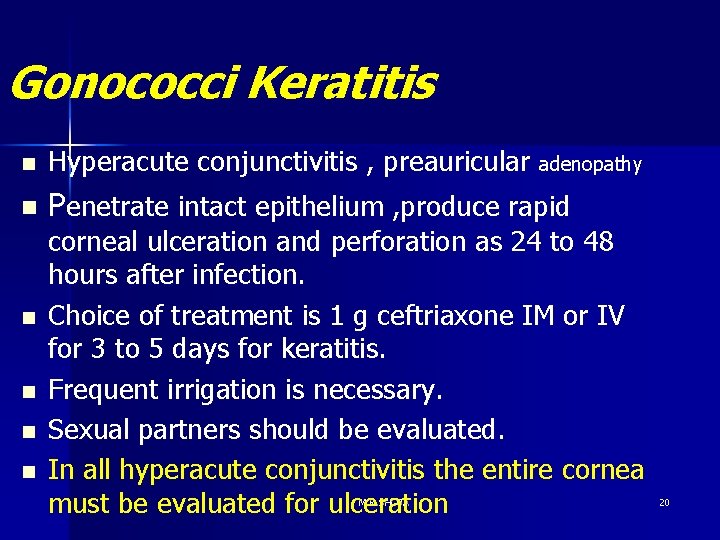 Gonococci Keratitis n Hyperacute conjunctivitis , preauricular adenopathy n Penetrate intact epithelium , produce Gonococci Keratitis n Hyperacute conjunctivitis , preauricular adenopathy n Penetrate intact epithelium , produce