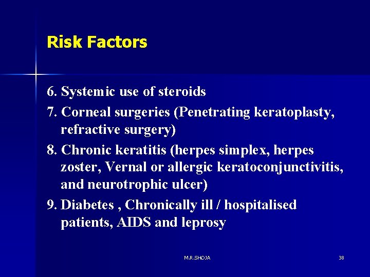 Risk Factors 6. Systemic use of steroids 7. Corneal surgeries (Penetrating keratoplasty, refractive surgery)