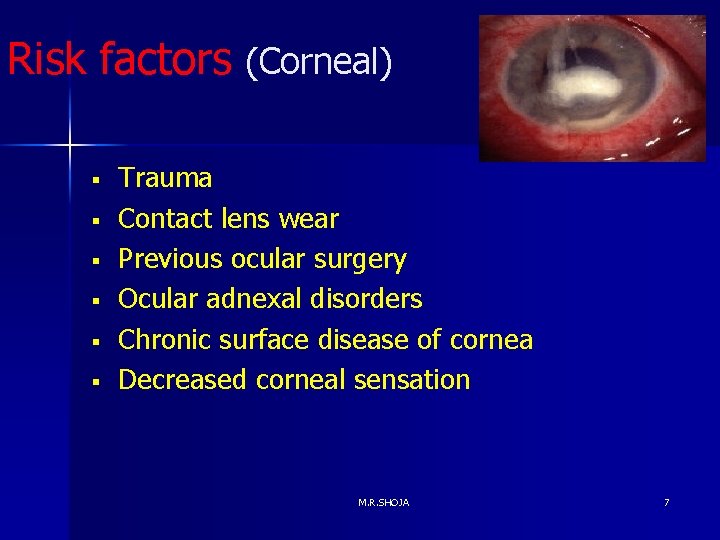 Risk factors (Corneal) § § § Trauma Contact lens wear Previous ocular surgery Ocular