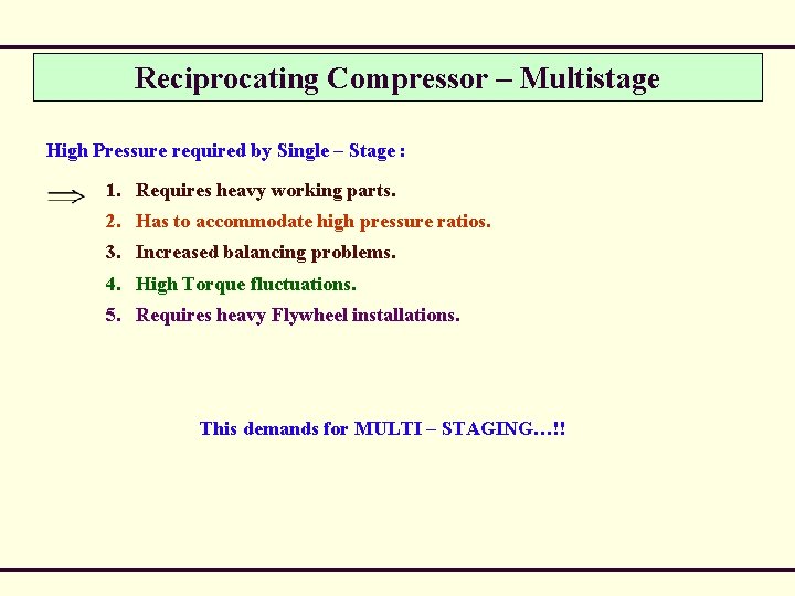 Reciprocating Compressor – Multistage High Pressure required by Single – Stage : 1. Requires