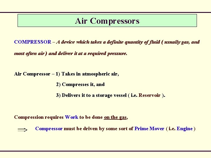 Air Compressors COMPRESSOR – A device which takes a definite quantity of fluid (