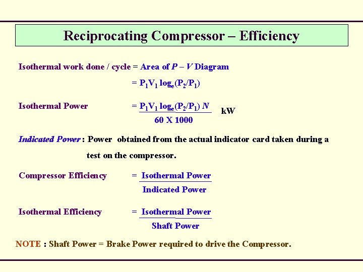 Reciprocating Compressor – Efficiency Isothermal work done / cycle = Area of P –