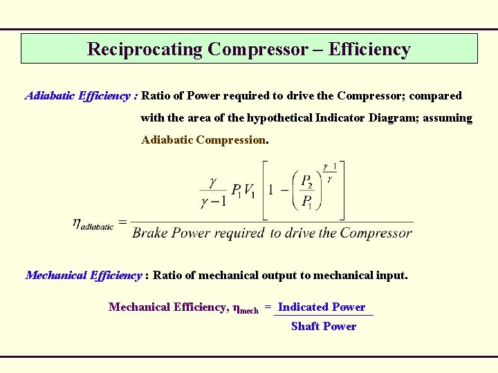 Reciprocating Compressor – Efficiency Adiabatic Efficiency : Ratio of Power required to drive the