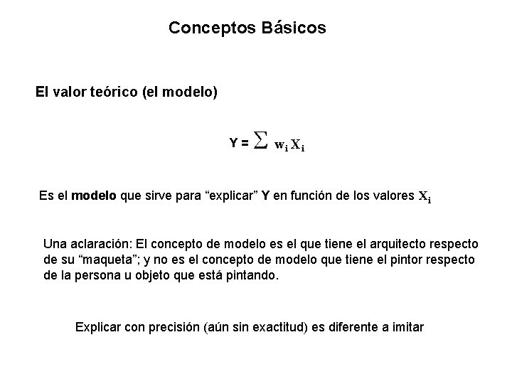 Conceptos Básicos El valor teórico (el modelo) Y= Sw. X i i Es el